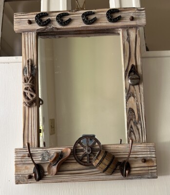Rustic Coat Hook Rack Mirror Combo Cowboy Themed Hanging Wall Home Decor 