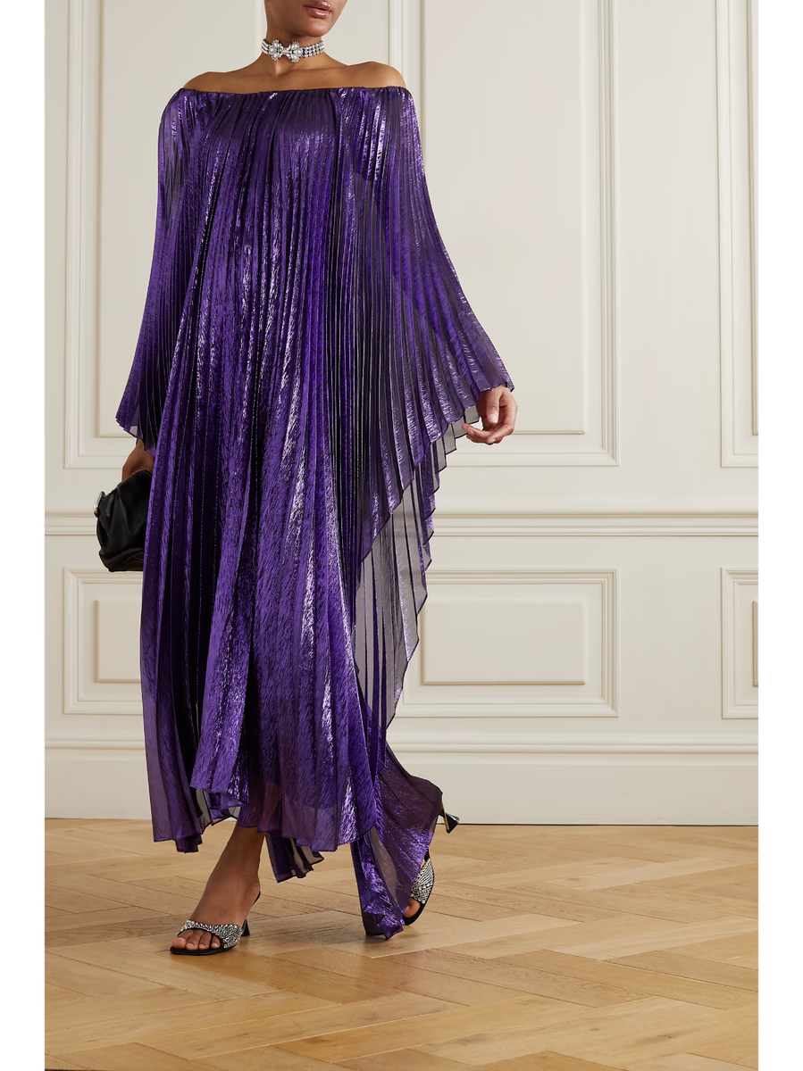 $5290 NEW Oscar de la Renta Cape Pleated Silk Lame Caftan Purple