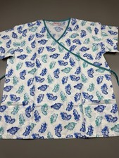 Fashion Scrubs Women s Blue And Teal Feather Pattern Scrub Top Size XL NEW