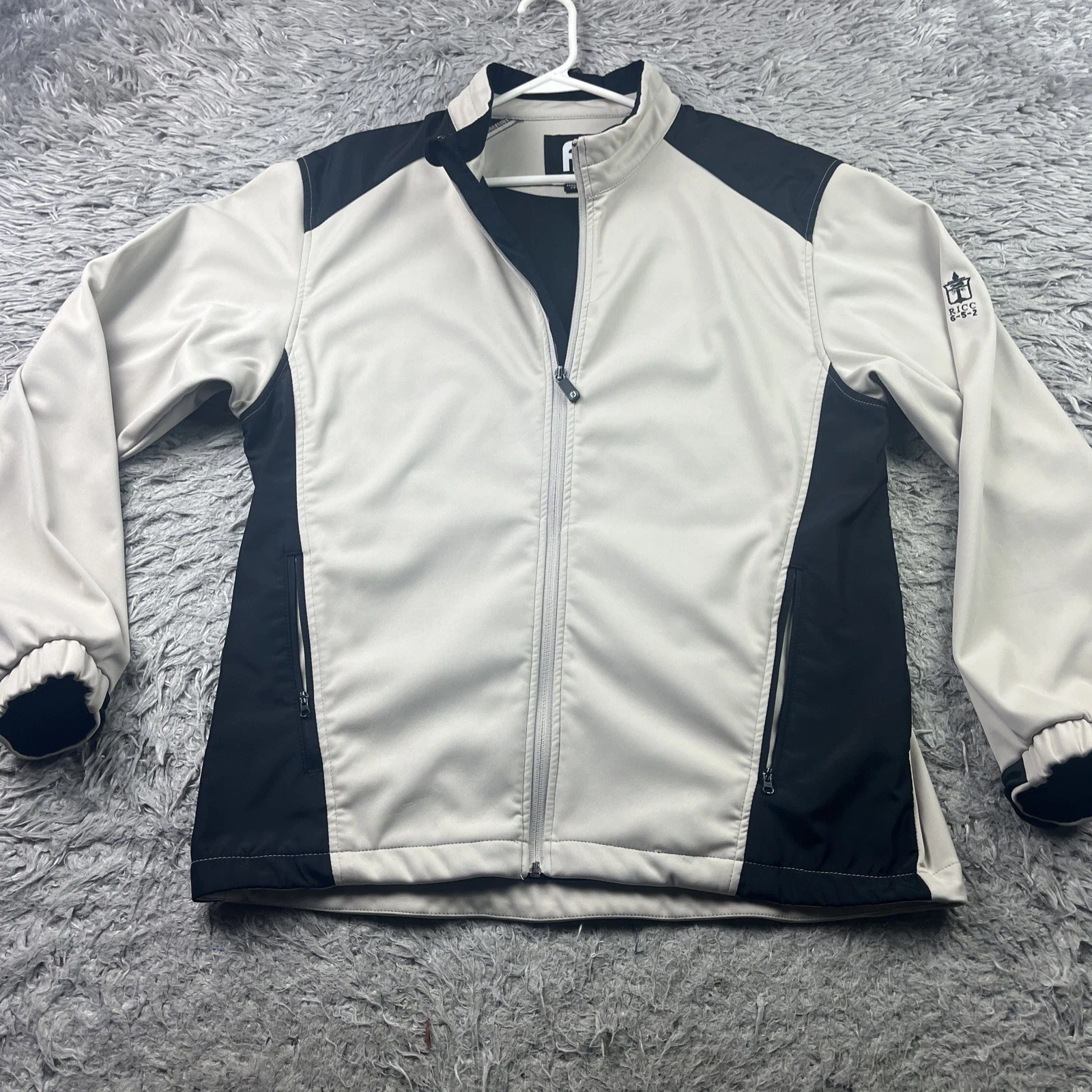 Footjoy Jacket Men Medium Beige Black Full Zip Short Sleeve Windbreaker Logos