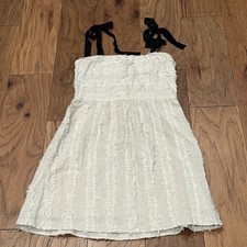 Fab'rik Cream Linen Blend Eyelash Fringe Mini Dress with Black Tie Straps Med.