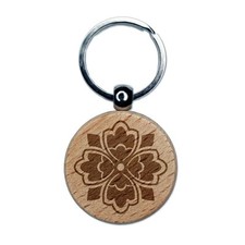 Stylish Modern Flower Floral Plant Engraved Wood Round Keychain Tag Charm