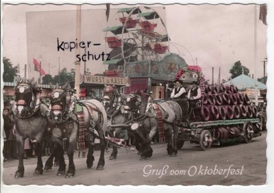 Postcard Munich, greeting from Oktoberfest 1958 with a horse team