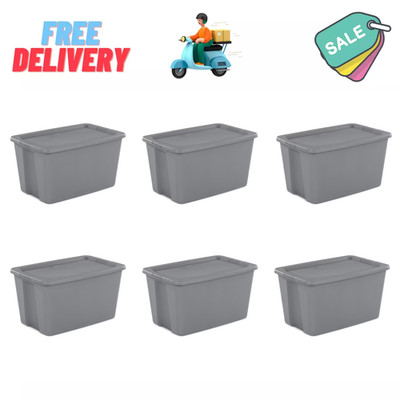 Sterilite 30 Gal Stackable Plastic Storage Bin Tote, Gray Latching Lid, 6 Pack