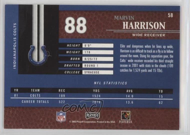 2002 Playoff Piece of the Game Marvin Harrison #58 HOF - Image 2 of 2