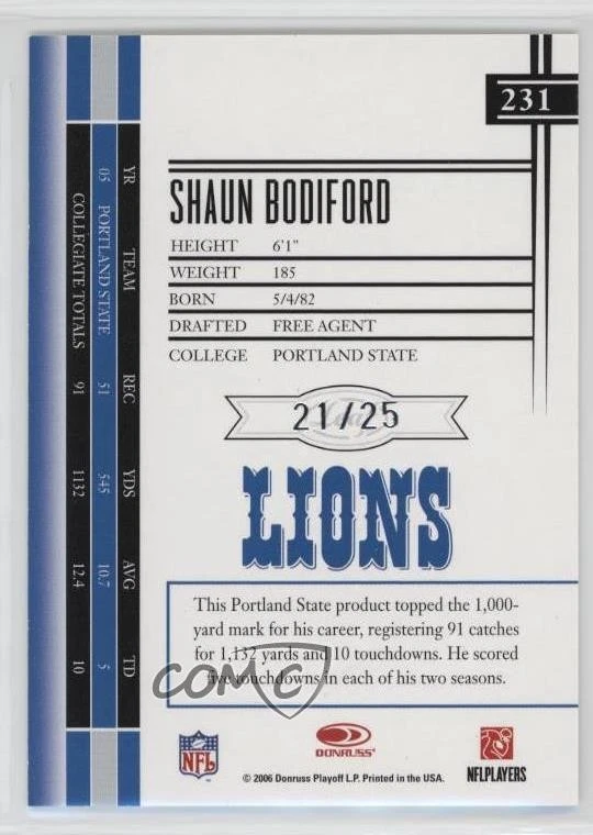 2006 Leaf Limited Rookie Silver Spotlight /25 Shaun Bodiford #231 Rookie RC - Image 2 of 2