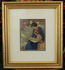FRAMED VINTAGE 1990S JESSIE WILLCOX SMITH ART PRINT: MOTHER HELPS WITH THE ABC'S