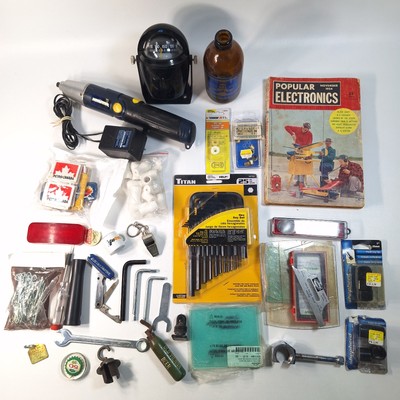 Mancave Garage Junk Drawer Lot Vintage Modern Tools, Beer