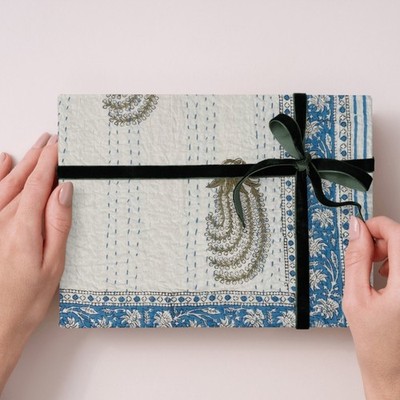 Blue Floral Block Print Kantha Quilt, Handmade Cotton Bedspread, Gift for Dad, I