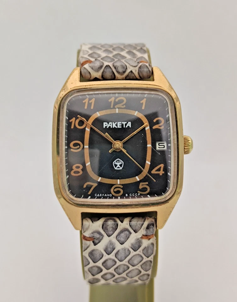 Reloj Vintage Raketa cal. 2614 URSS soviética hombres cuero mecánico chapado en oro Foto 3 de 4
