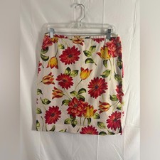 Cream Vibrant Red Floral Cottagecore Garden Midi Skirt Women s Size L
