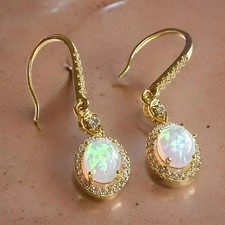 Natural Fire Opal 3Ct Oval Cut Halo Drop Dangle Earrings 14K Yellow Gold Plated