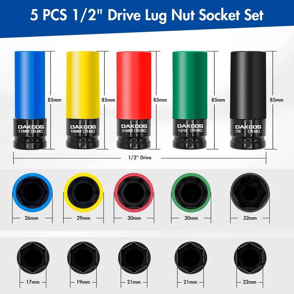 DAKCOS 1/2" Drive Impact Lug Nut Socket Set, 5PCS, 17 19 21MM & 13/16 7/8INCH - Image 2 of 4