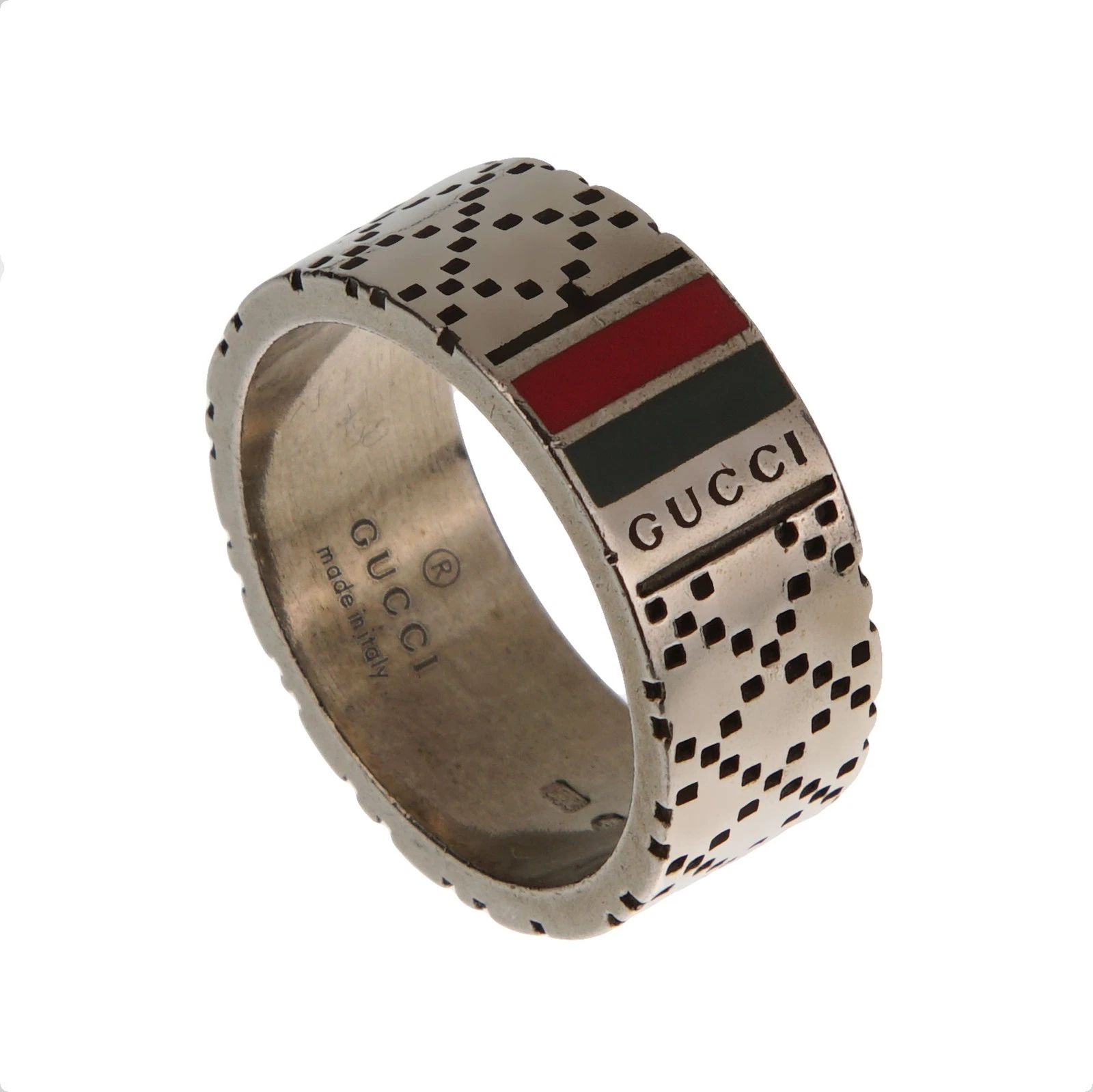 Anello a fascia Gucci in argento sterling invecchiato con logo intarsio smaltato misura 6 1 2
