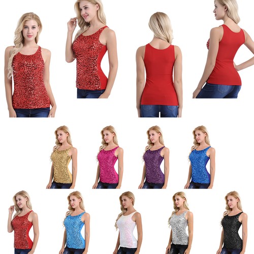 Blusa sin mangas con lentejuelas para mujer Camisola iridiscente brillante chaleco sin mangas