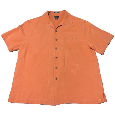 St Johns Bay Shirt Mens Large Orange 100% Silk Button Up Loop Collar Camp Island