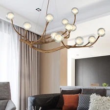 36W Glass Bubble LED Chandelier Pendant Ceiling Light Wood Branch Hanging Lamp