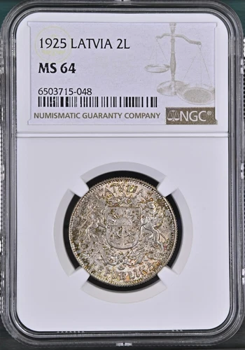 LATVIA 2 Lati 1925, NGC MS 64 Choice UNC / BU, Colorful Toned Luster.  E2