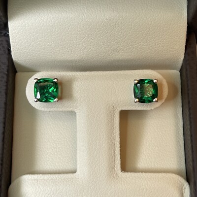 2 TCW Emerald  Cushion Studs Earrings Man Made 14k Solid Gold Push Screw 