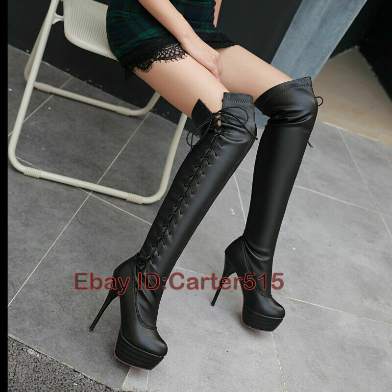 Womens Ladies Thigh High Over The Knee Platform Lace Up Boots