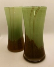 Pair of Green & Brown Swirled Modern Art Glass Hollow Sided Hour Glass Vases 6"