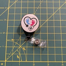RN Badge Reel Nurse ID Holder Name Tag Clip Nursing Obgyn Ob Baby Blue Pink