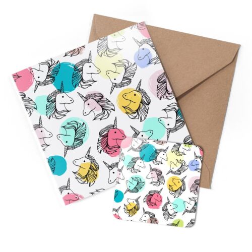 1 x Greeting Card & Coaster Set - Colourful Unicorn Pattern Print #44682 - Afbeelding 1 van 3