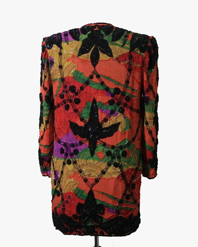 Jasdee Vintage Jacket 32"Length HandWork Bead & Sequins HandPrint On Silk #5058 - Image 2 of 2