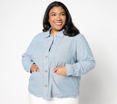 Denim and Co Naturals Linen Blend Cross Hatch Topper Womens M In Regan Blue NEW