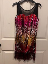 Curtain Call Dance Adult MED Pink Gold Red Sequin Dress Mesh Top with Fringe