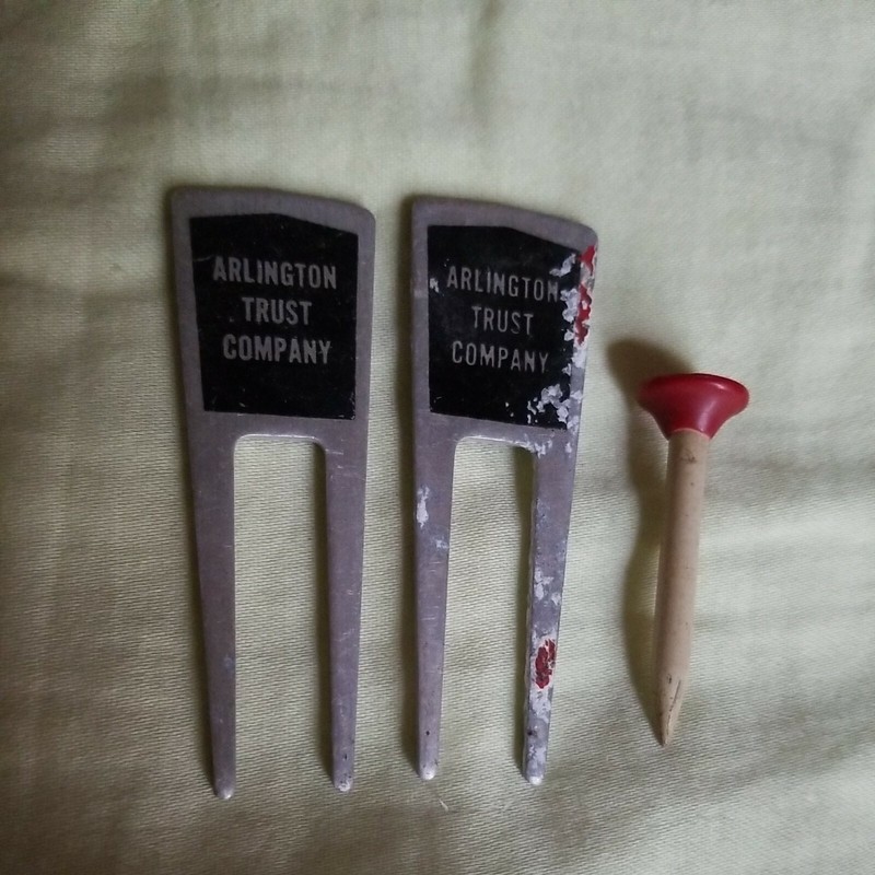 2 Vintage Golf Divot Tool Arlington Trust Company  Cleat  Cleaner + tee