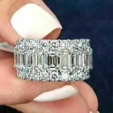 Women 3Ct Emerald Cut Lab Created Diamond Band Ring 14k White Gold Plated