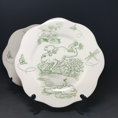 TWO Frog Toile Porcelain Plates E. Trostli 11.75  J Willfred Sadek Ceramic Gift