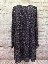 LOFT Womens Navy Floral Chiffon Tiered Baby Doll A- Line Dress Sheer Size M