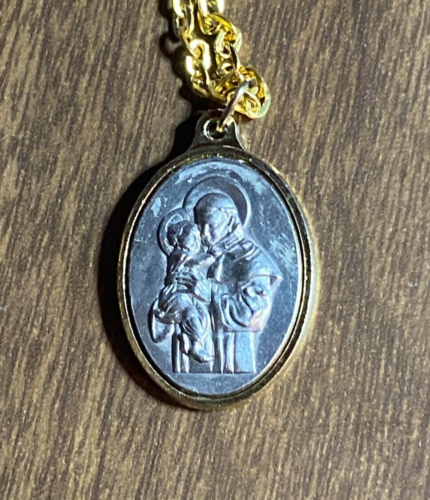 Vintage St Anthony Medal 1" Christianity Necklace Pendant Charm 22"