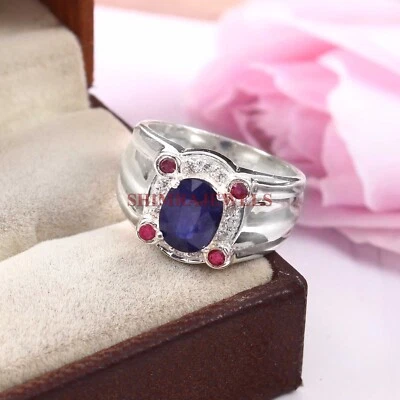 Blauer Saphir Edelstein Herrenring aus 925 Sterlingsilber #909, Oval - Bild 1 von 4