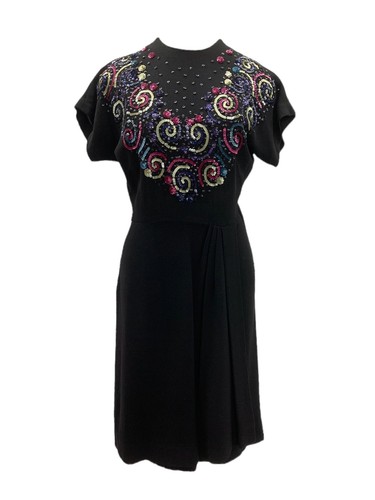 Vtg Vintage 1940s 40s Multi Color Sequin Side Zip Crepe LBD Black Dress - Picture 5 of 5