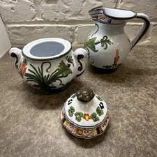 Vtg Hand Painted Faenza Garofano Blue Carnation Creamer and Sugar Bowl with Lid