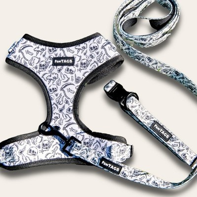 Skulls Dog Harness Collar Leash Set XS Small Large Unisex Waterproof Adjustable