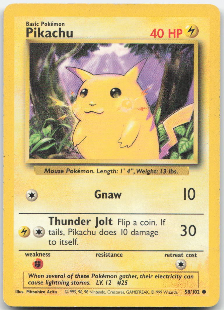 Pikachu 58/102 Common Base Set Unlimited Pokemon Moderately Played
