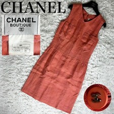 CHANEL 96A Linen Dress Salmon Pink V-Neck Logo Buttons Size 38 New SR2215