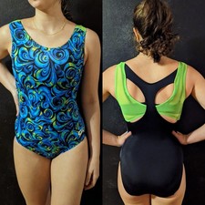 GK Gymnastics Leotard Neon Blue Green Black Mesh Back Size AXS