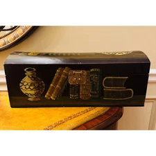 Unique Wood Lacquer Chest Large Box Hand Painted Brown Black Oriental Accent 