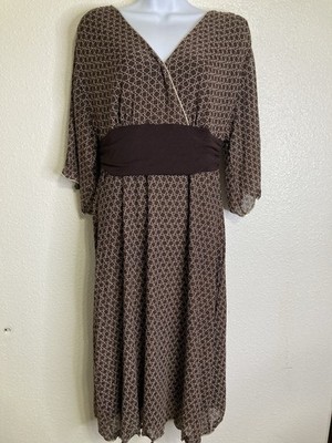 Vintage Max Studio Dress Empire Babydoll Brown Geo Print Stretch Midi Y2K Sz L
