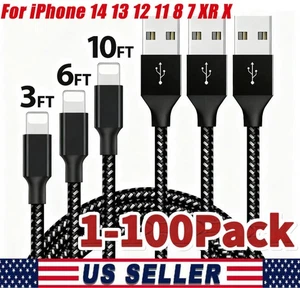 Braided USB Cable For iPhone 14 13 12 11 8 7 XR X Lot Fast Charger Charging Cord