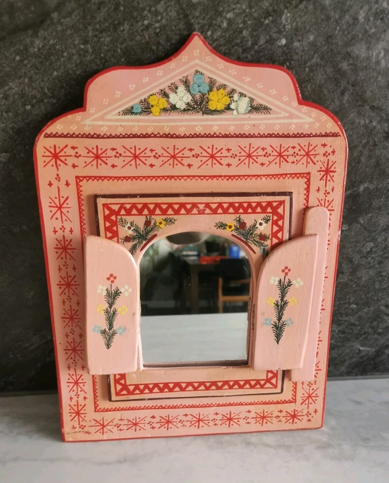 Miroir suspendu en bois peint à la main marocain floral rose décoration maison - Photo 2/4