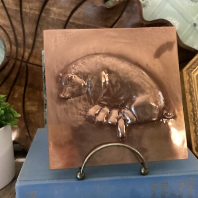 Vintage 6  X 6 Signed CS C.S. Brass Over Ceramic Pottery Tile Pig Piglets Copper