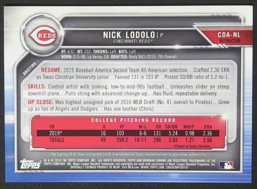 2019 Bowman Draft 1st Rookie Autograph /499 Refractor #CDA-NL Nick Lodolo RC SP - Picture 22 of 22