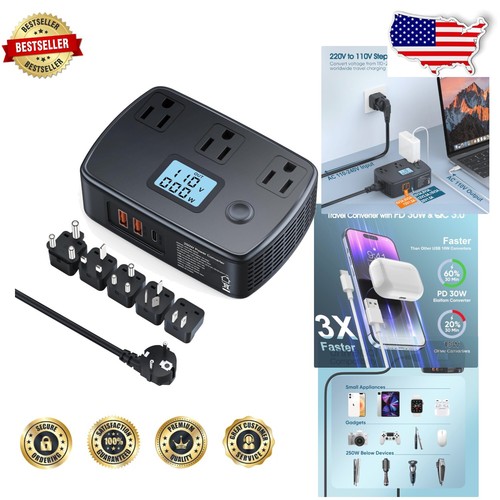Compact Travel Power Converter & Adapter Combo 220V to 110V with Safety Features