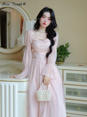Elegant Evening Party Midi Dress Women Bubble Sleeve Vintage Sweet Dress  Pink | eBay